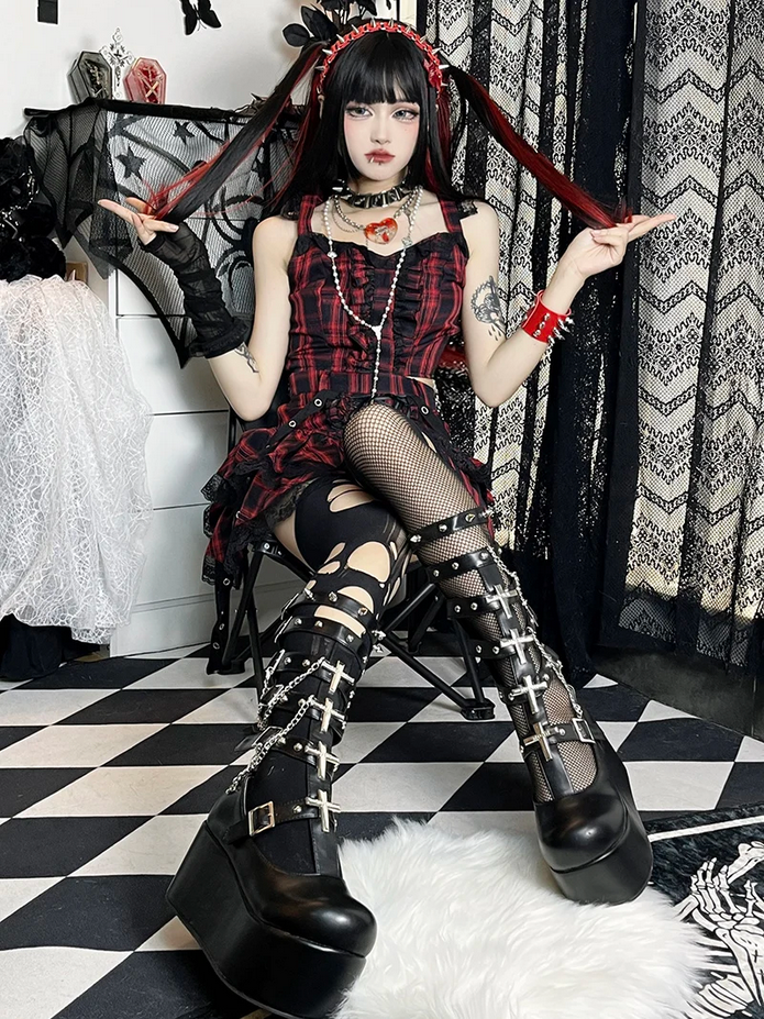 Punk Style Cross Rivets  Black and White Platform Shoes