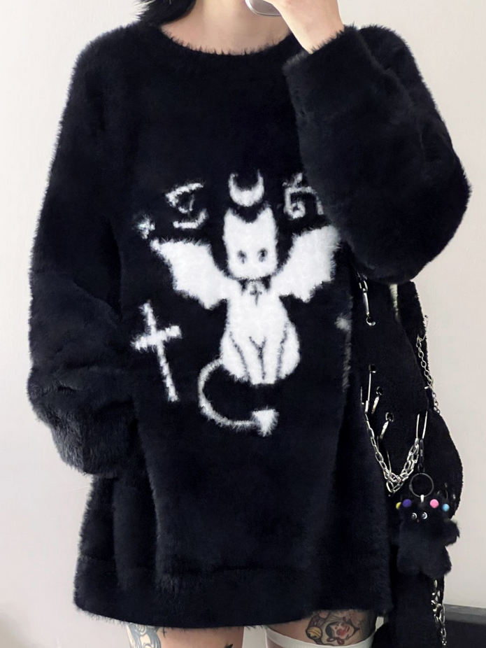 Gothic Black Cat Loose Sweater Top