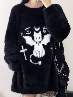 Gothic Black Cat Loose Sweater Top