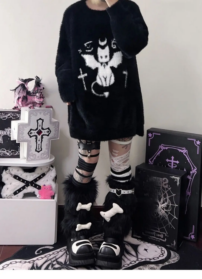 Gothic Black Cat Loose Sweater Top