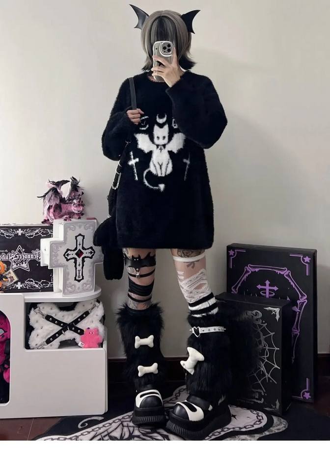 Gothic Black Cat Loose Sweater Top