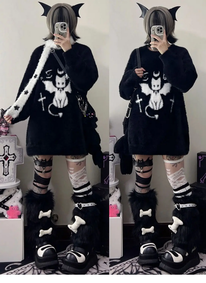 Gothic Black Cat Loose Sweater Top