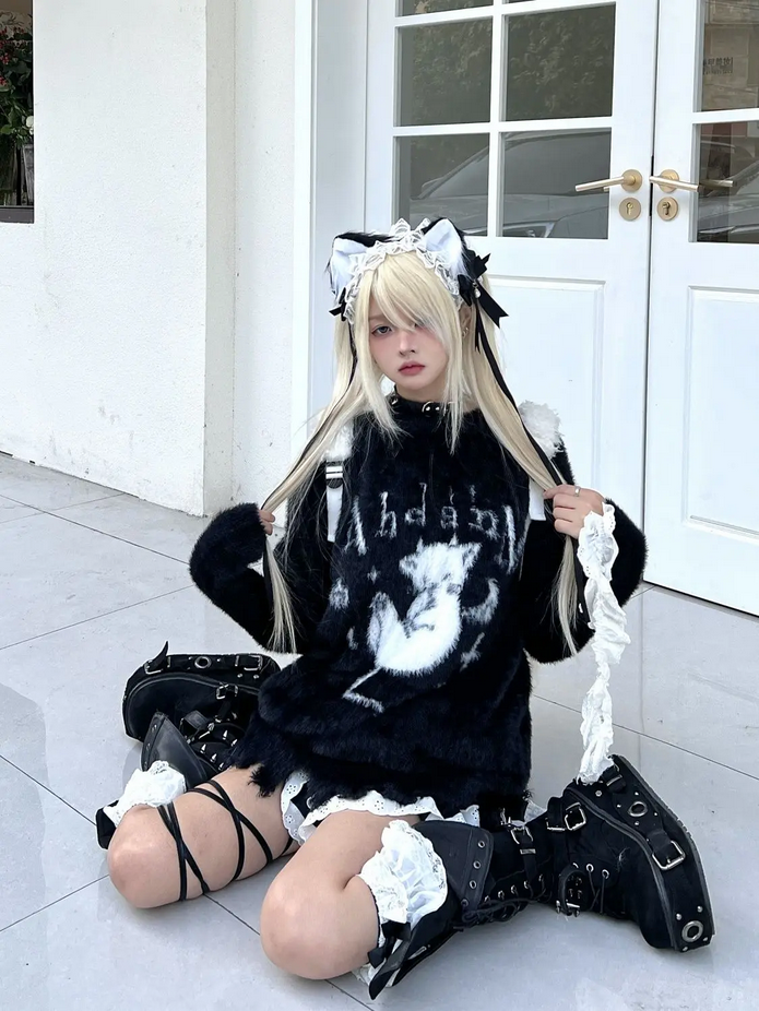 Harajuku Grunge Casual Cat Black Aesthetic Sweater Top