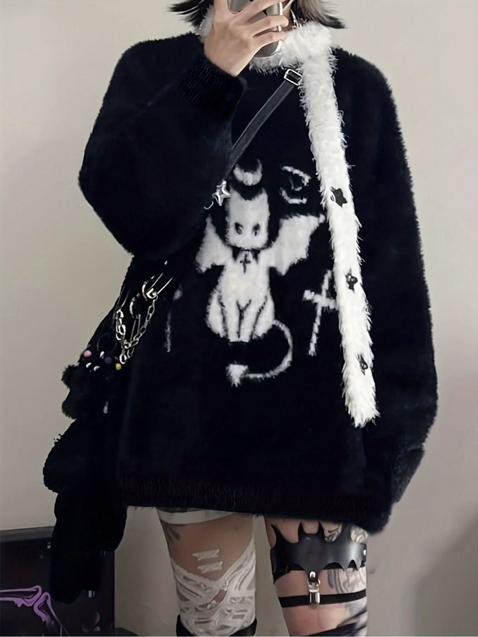 Gothic Black Cat Loose Sweater Top