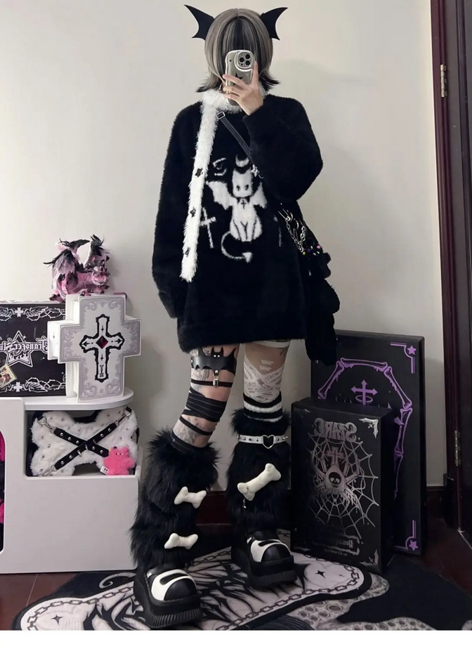 Gothic Black Cat Loose Sweater Top