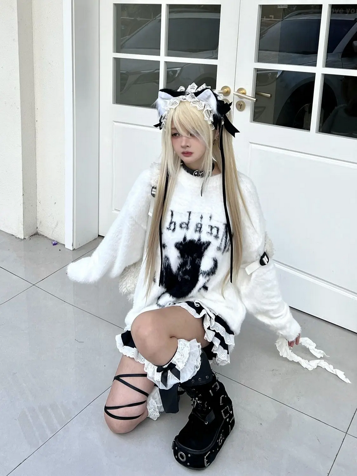 Harajuku Grunge Casual Cat Black Aesthetic Sweater Top