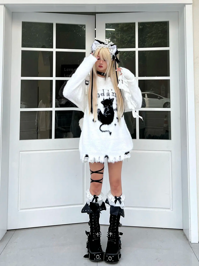 Harajuku Grunge Casual Cat Black Aesthetic Sweater Top