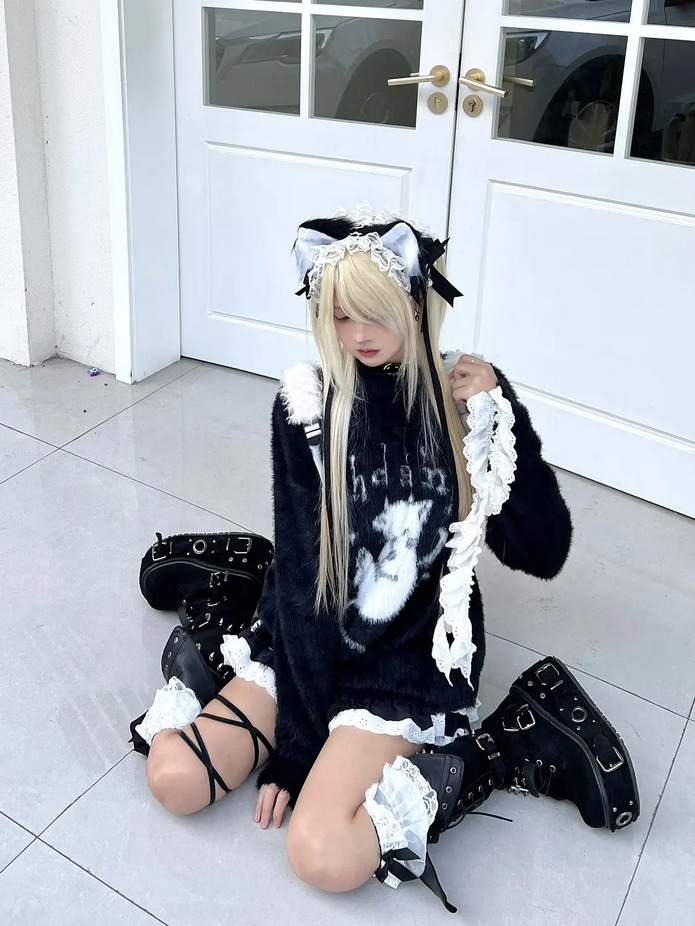 Harajuku Grunge Casual Cat Black Aesthetic Sweater Top