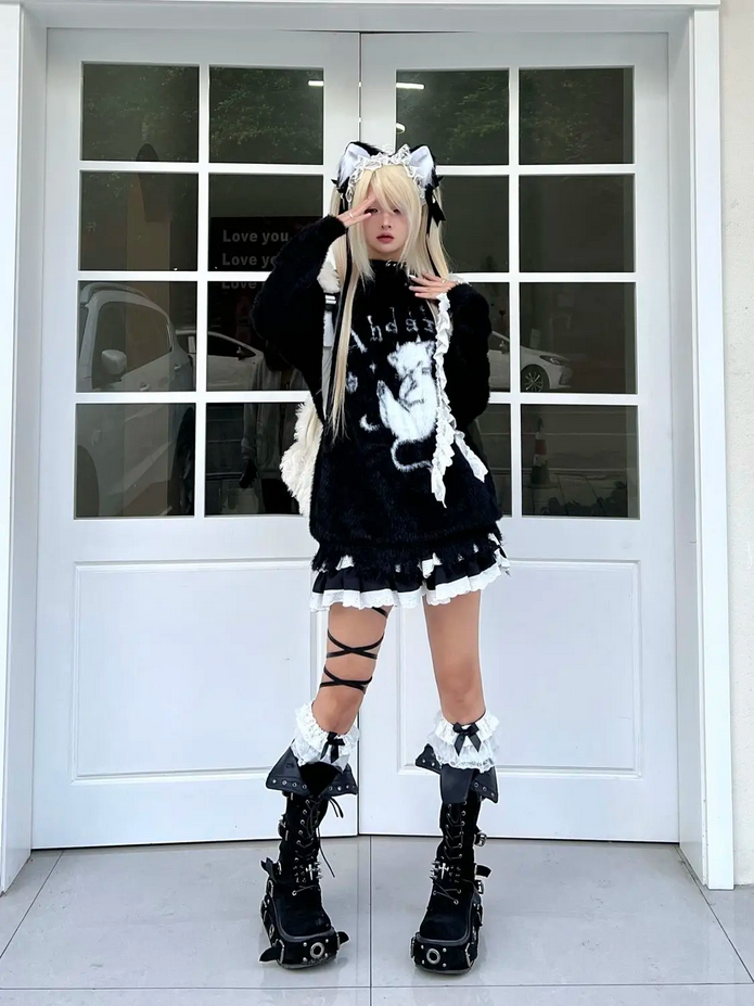 Harajuku Grunge Casual Cat Black Aesthetic Sweater Top