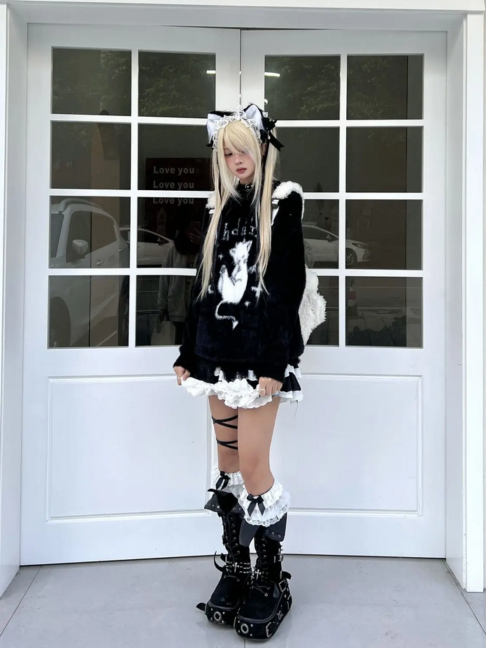 Harajuku Grunge Casual Cat Black Aesthetic Sweater Top
