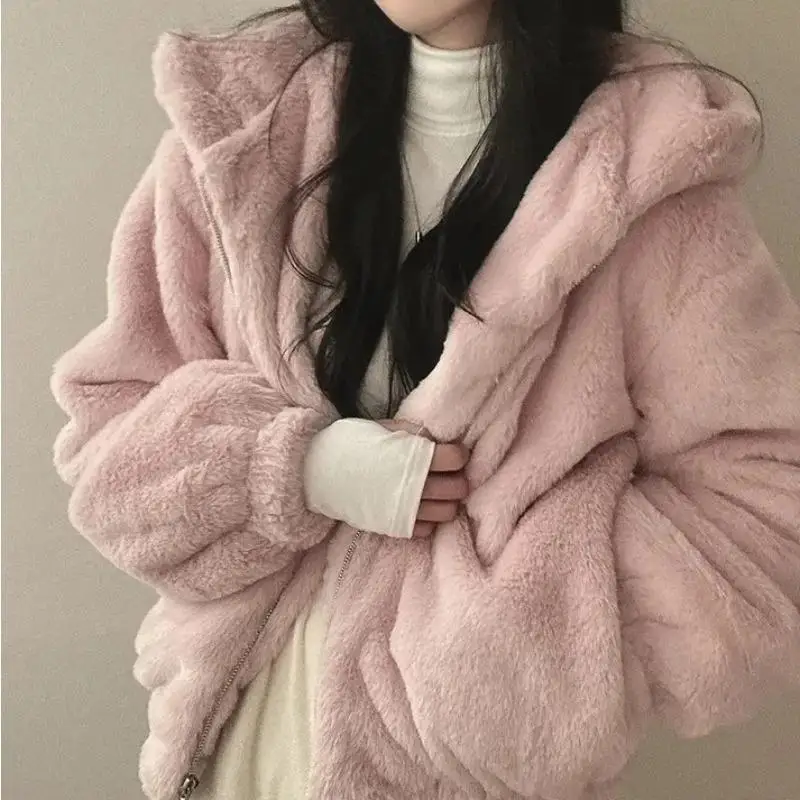 Kawaii Hooded Plush Women&#39;s Coat