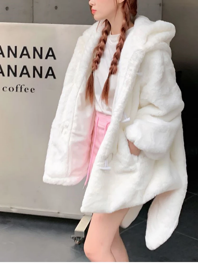 Bunny Ears Winter Oversized Warm White Faux Fur Coat