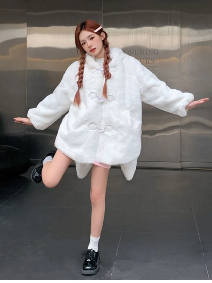 Bunny Ears Winter Oversized Warm White Faux Fur Coat