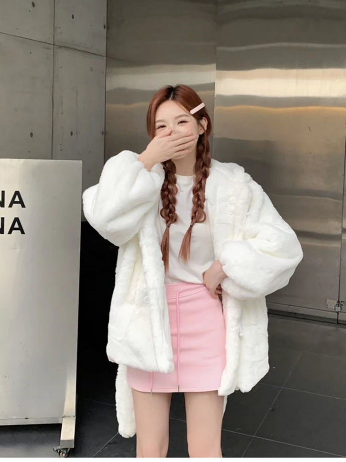 Bunny Ears Winter Oversized Warm White Faux Fur Coat