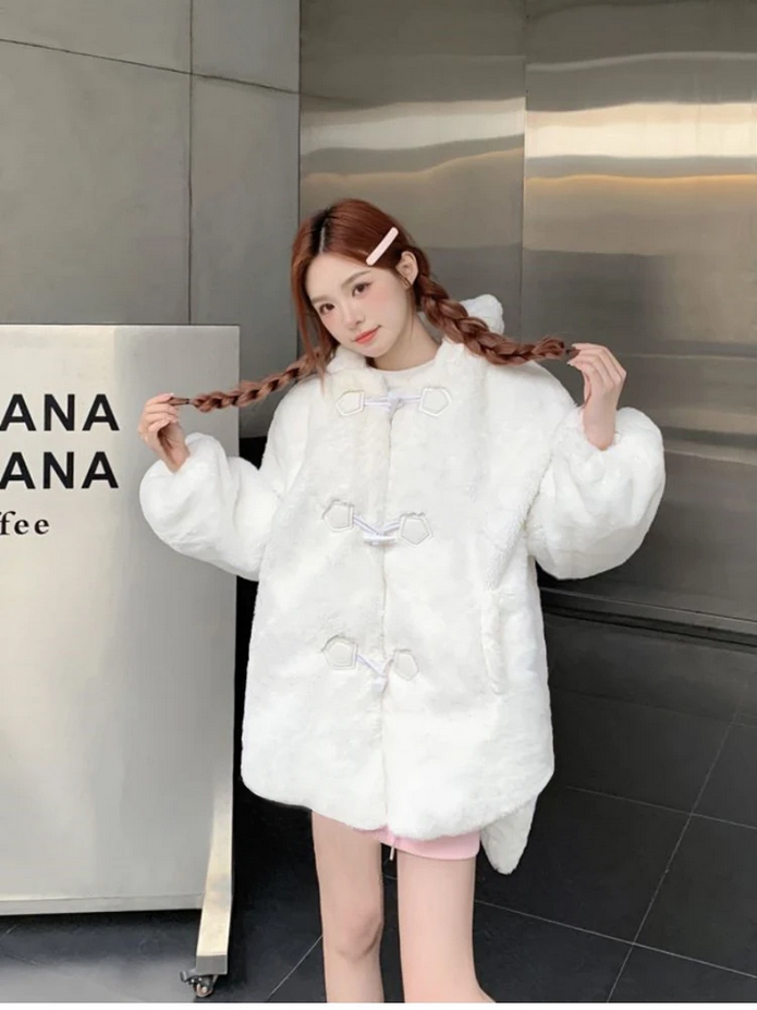 Bunny Ears Winter Oversized Warm White Faux Fur Coat