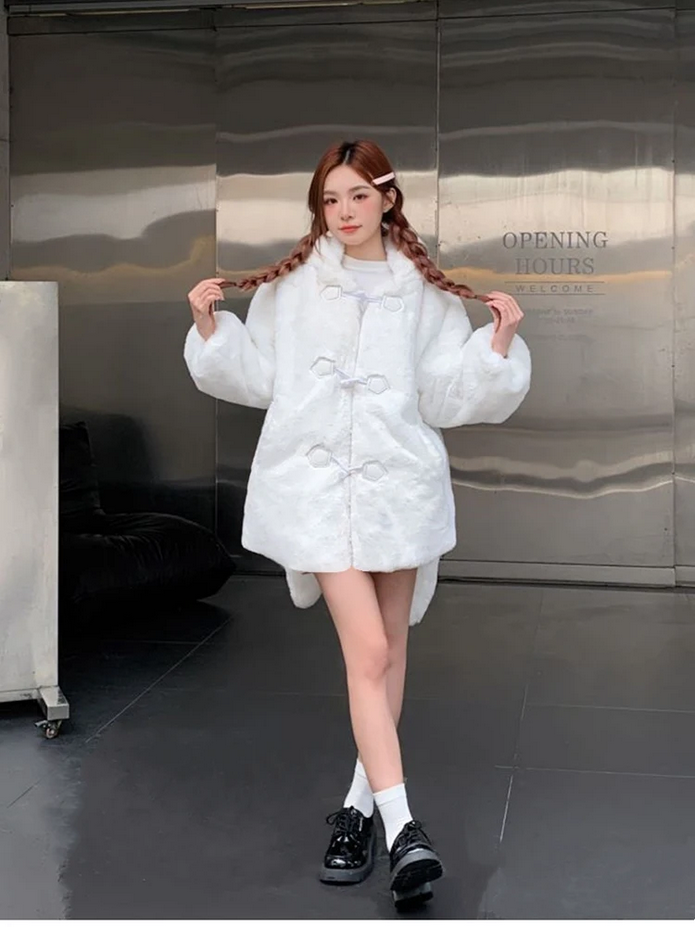 Bunny Ears Winter Oversized Warm White Faux Fur Coat
