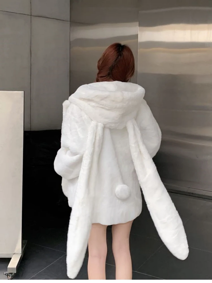 Bunny Ears Winter Oversized Warm White Faux Fur Coat