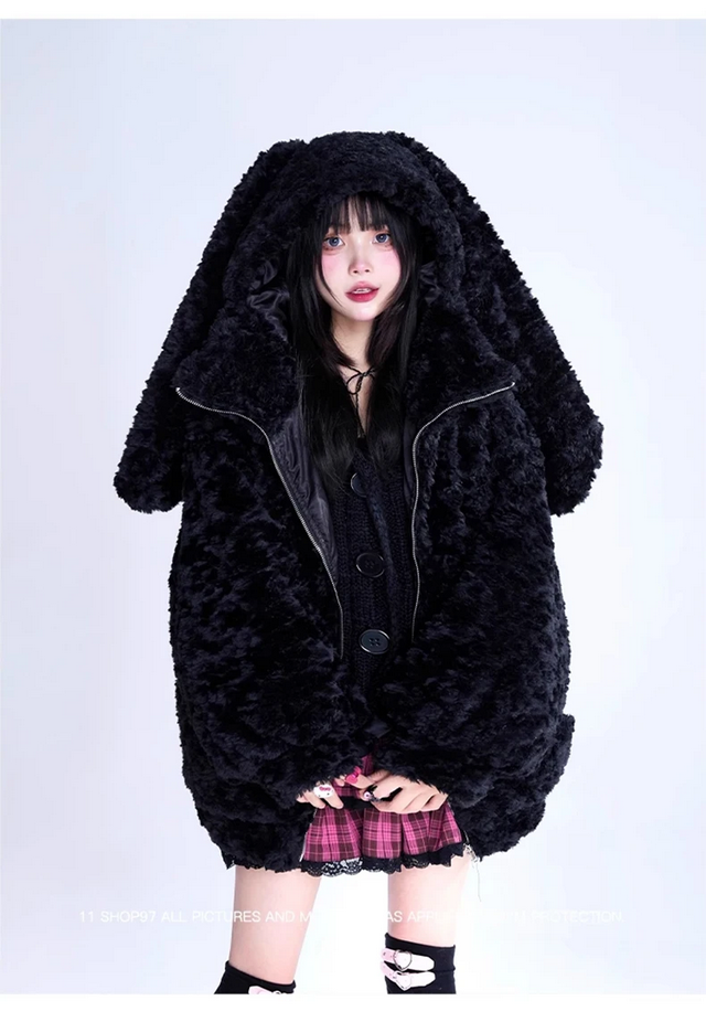 Cute Bunny Ears Fuzzy Fluffy Black Jacket Hoodie