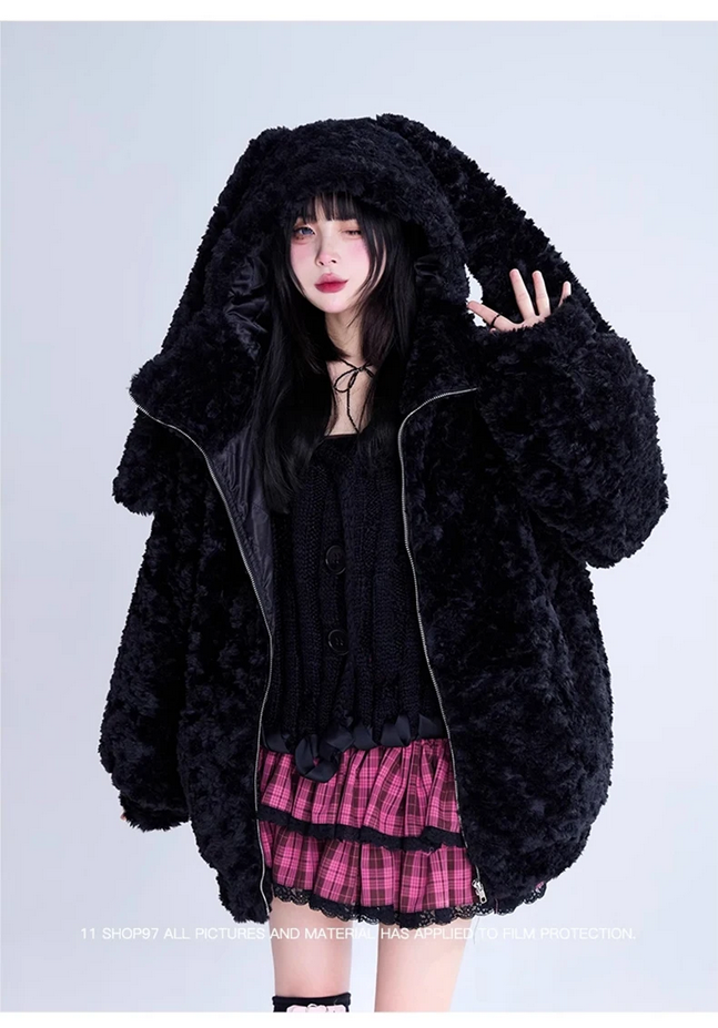 Cute Bunny Ears Fuzzy Fluffy Black Jacket Hoodie