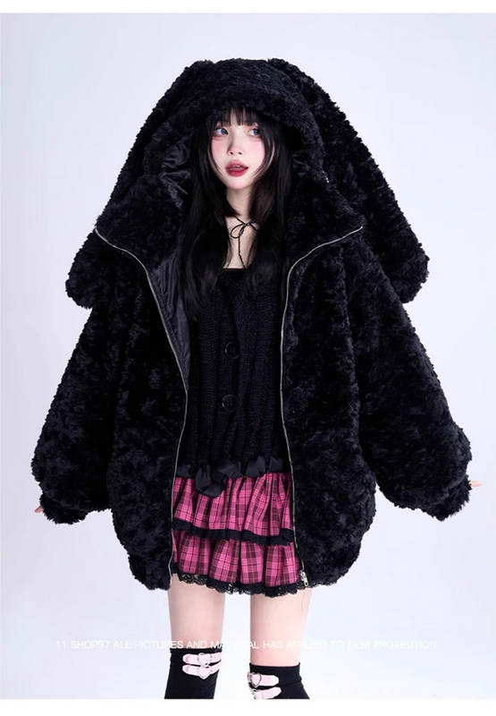 Cute Bunny Ears Fuzzy Fluffy Black Jacket Hoodie