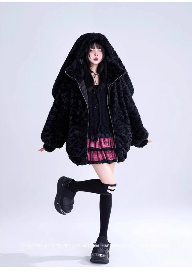 Cute Bunny Ears Fuzzy Fluffy Black Jacket Hoodie