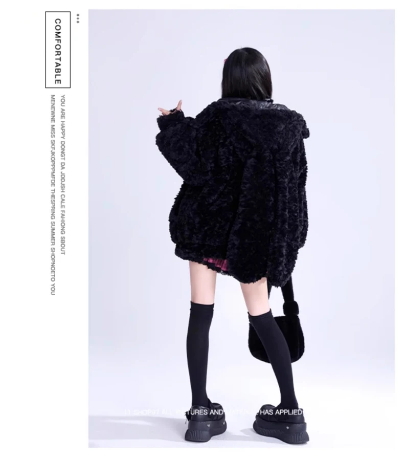 Cute Bunny Ears Fuzzy Fluffy Black Jacket Hoodie