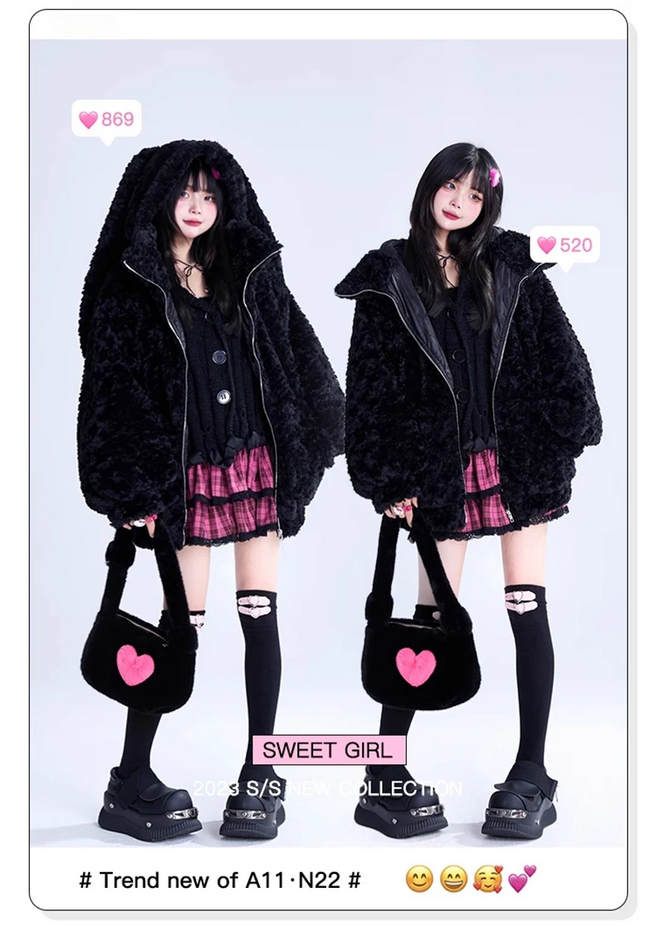 Cute Bunny Ears Fuzzy Fluffy Black Jacket Hoodie