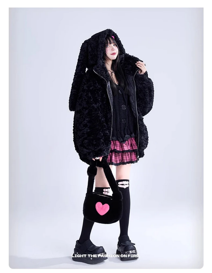 Cute Bunny Ears Fuzzy Fluffy Black Jacket Hoodie