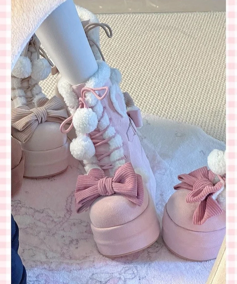 Bowknot Lace-up Kawaii  Lolita Mid-Calf Snow Boots