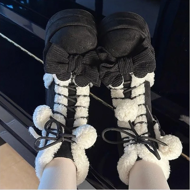 Bowknot Lace-up Kawaii  Lolita Mid-Calf Snow Boots
