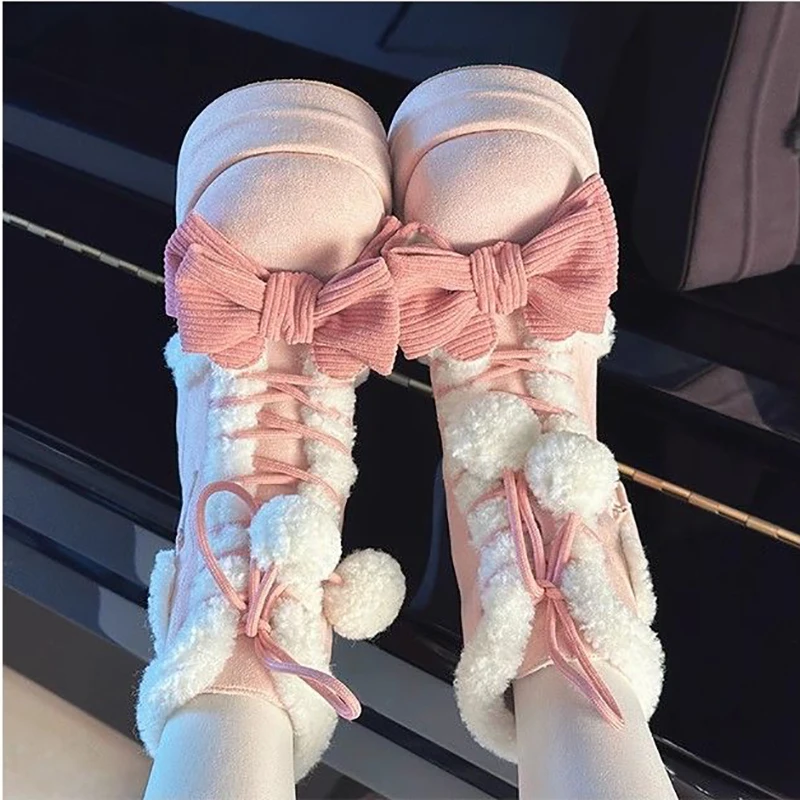 Bowknot Lace-up Kawaii  Lolita Mid-Calf Snow Boots