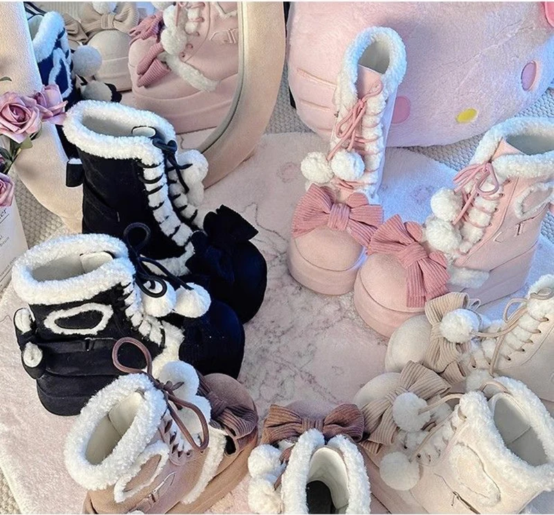 Bowknot Lace-up Kawaii  Lolita Mid-Calf Snow Boots