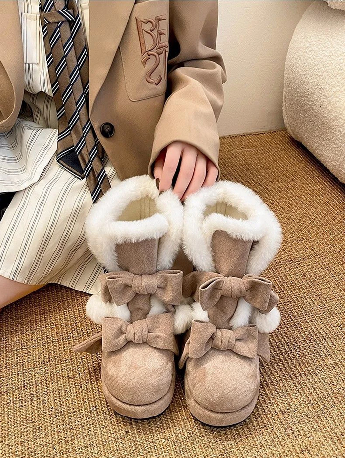 Plush Kawaii Bowknot  Winter Ankle Snow Boots