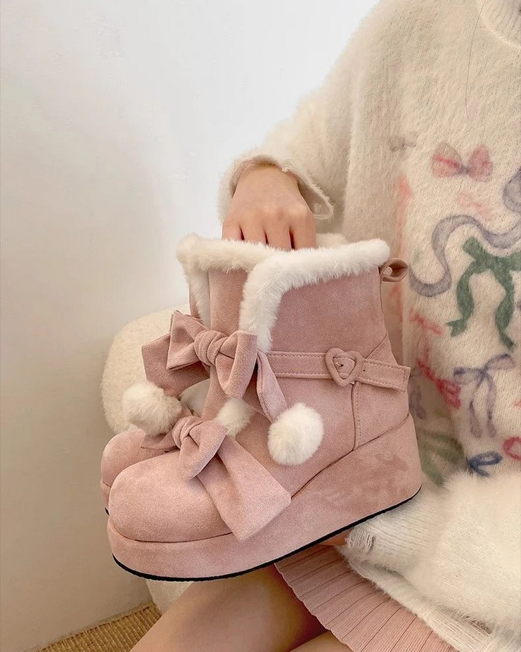 Plush Kawaii Bowknot  Winter Ankle Snow Boots