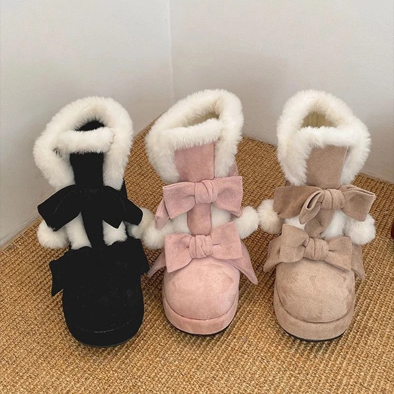 Plush Kawaii Bowknot  Winter Ankle Snow Boots