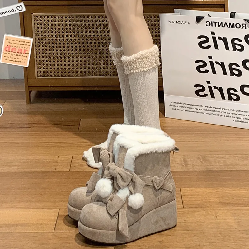 Plush Kawaii Bowknot  Winter Ankle Snow Boots