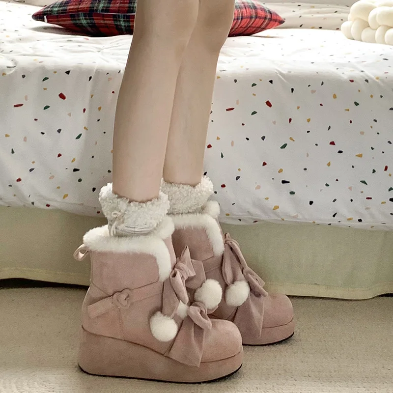 Plush Kawaii Bowknot  Winter Ankle Snow Boots