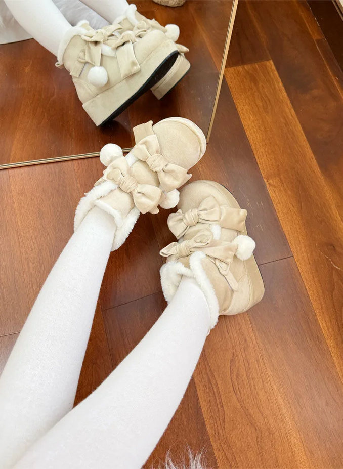 Plush Kawaii Bowknot  Winter Ankle Snow Boots