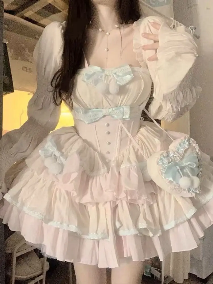 Elegant Lace Bow Ruffles Princess Party Dress
