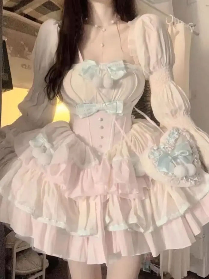 Elegant Lace Bow Ruffles Princess Party Dress