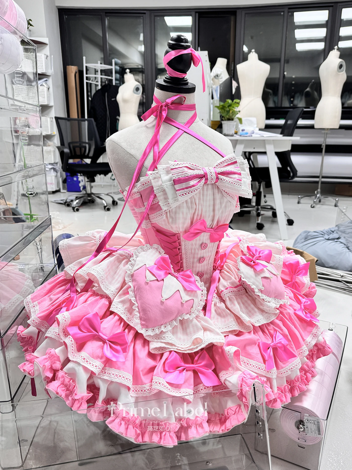 Kawaii  Pink Hearts and Bows Ruffled Dress