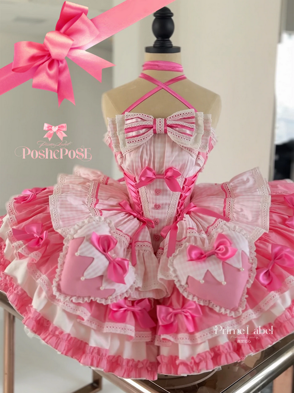 Kawaii  Pink Hearts and Bows Ruffled Dress