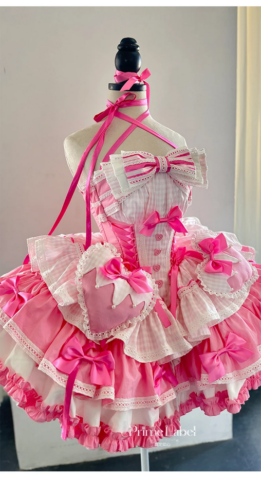 Kawaii  Pink Hearts and Bows Ruffled Dress