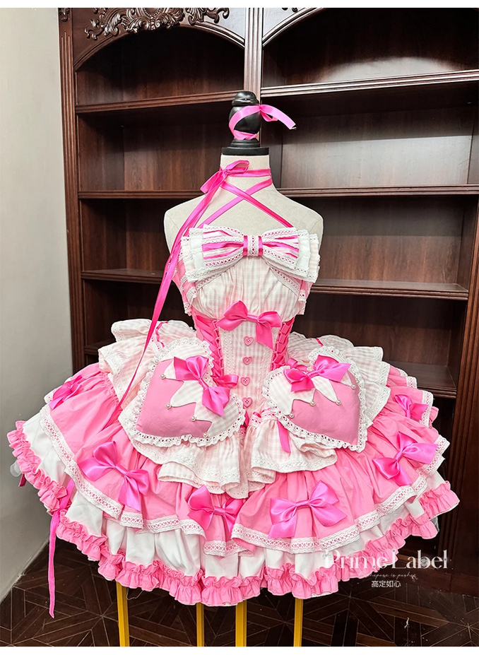 Kawaii  Pink Hearts and Bows Ruffled Dress