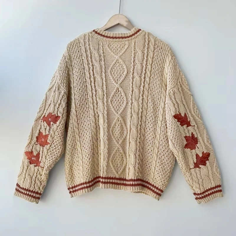 Maple Leaf Pattern Embroidered Knitted Cardigan