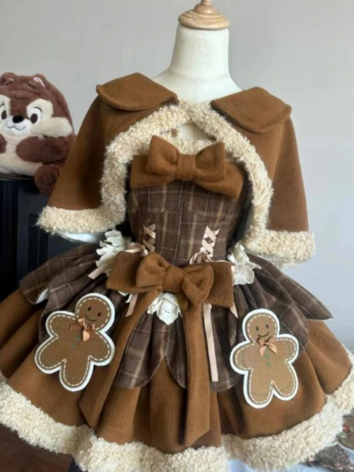 Winter Japanese Sweet Lolita Brown 2 Piece Set Chic Cape+Cute Bow Dress