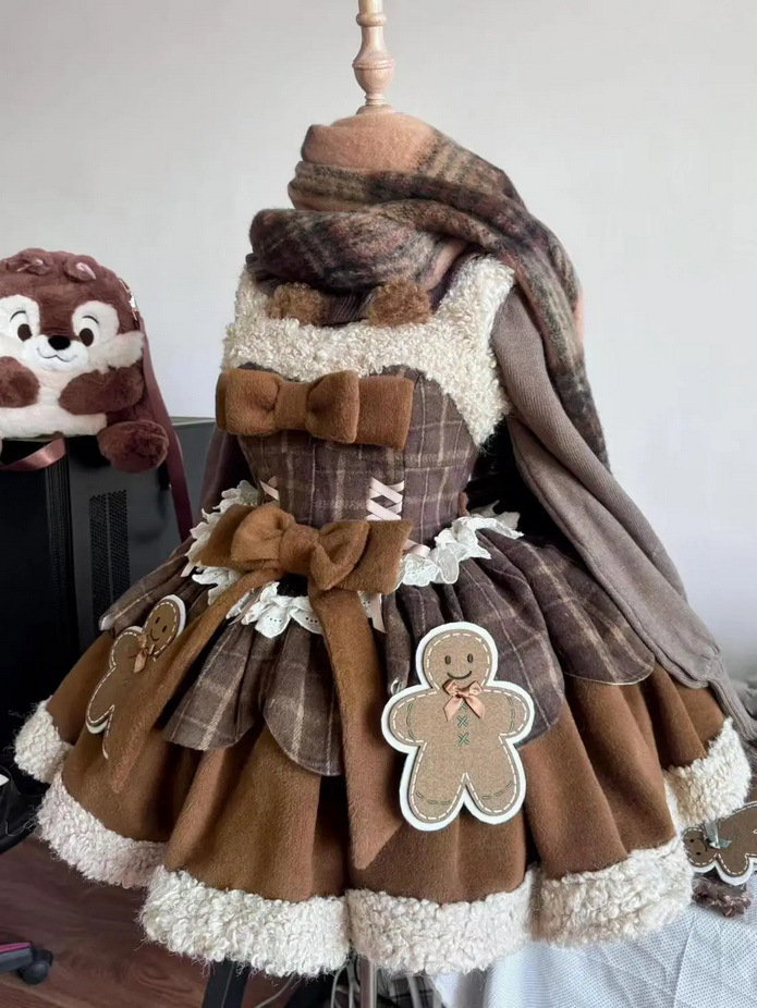 Winter Japanese Sweet Lolita Brown 2 Piece Set Chic Cape+Cute Bow Dress