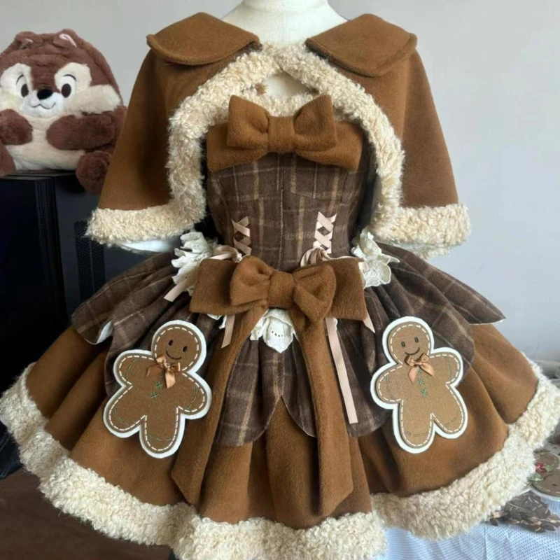 Winter Japanese Sweet Lolita Brown 2 Piece Set Chic Cape+Cute Bow Dress