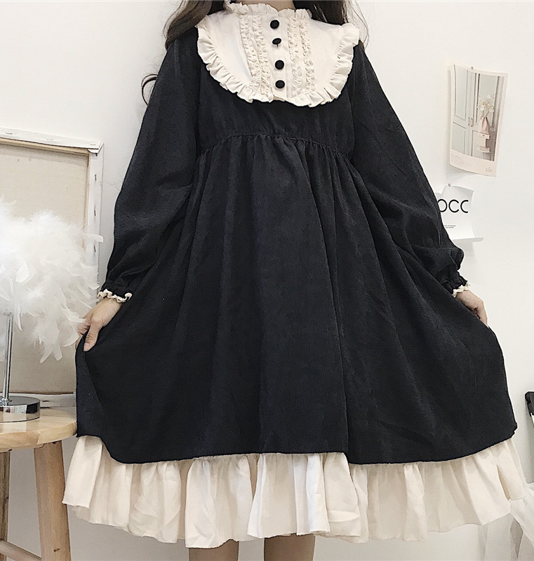 Vintage Kawaii Contrast-Color Ruffled Long-Sleeve Dress