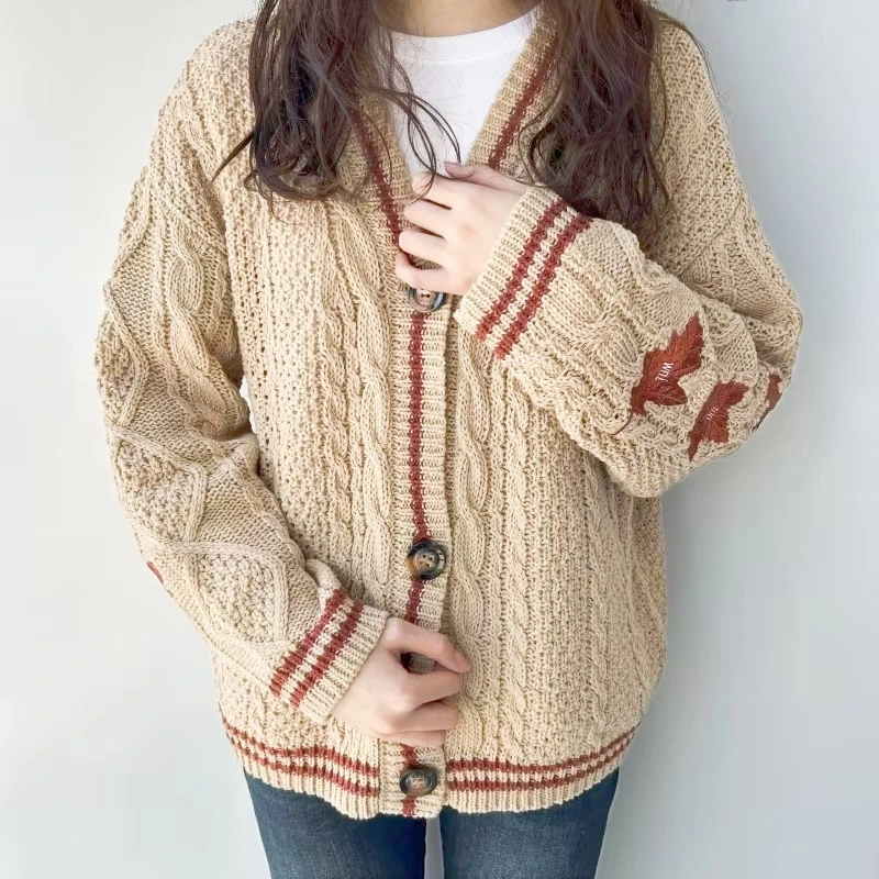 Maple Leaf Pattern Embroidered Knitted Cardigan